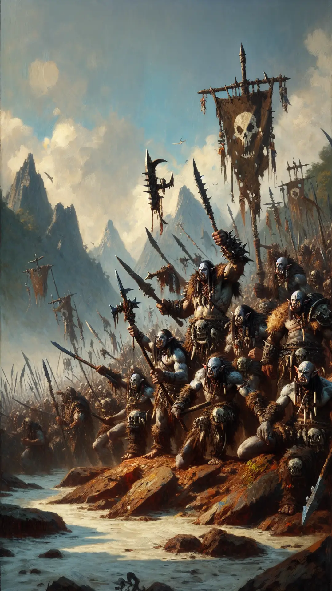 Painted orc warband charging into battle with spears and war banners
