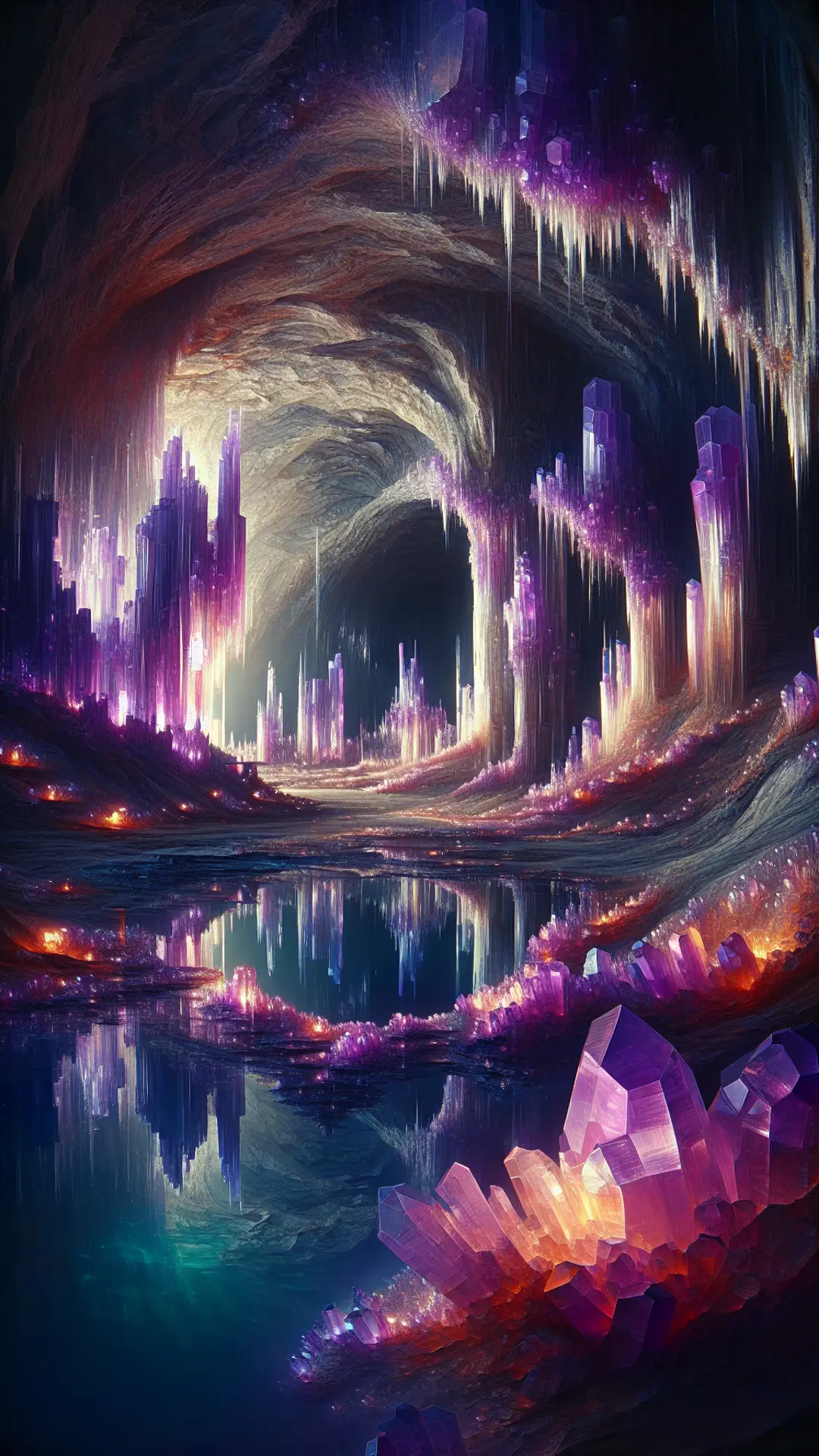 Painted cave filled with tall glowing purple crystals