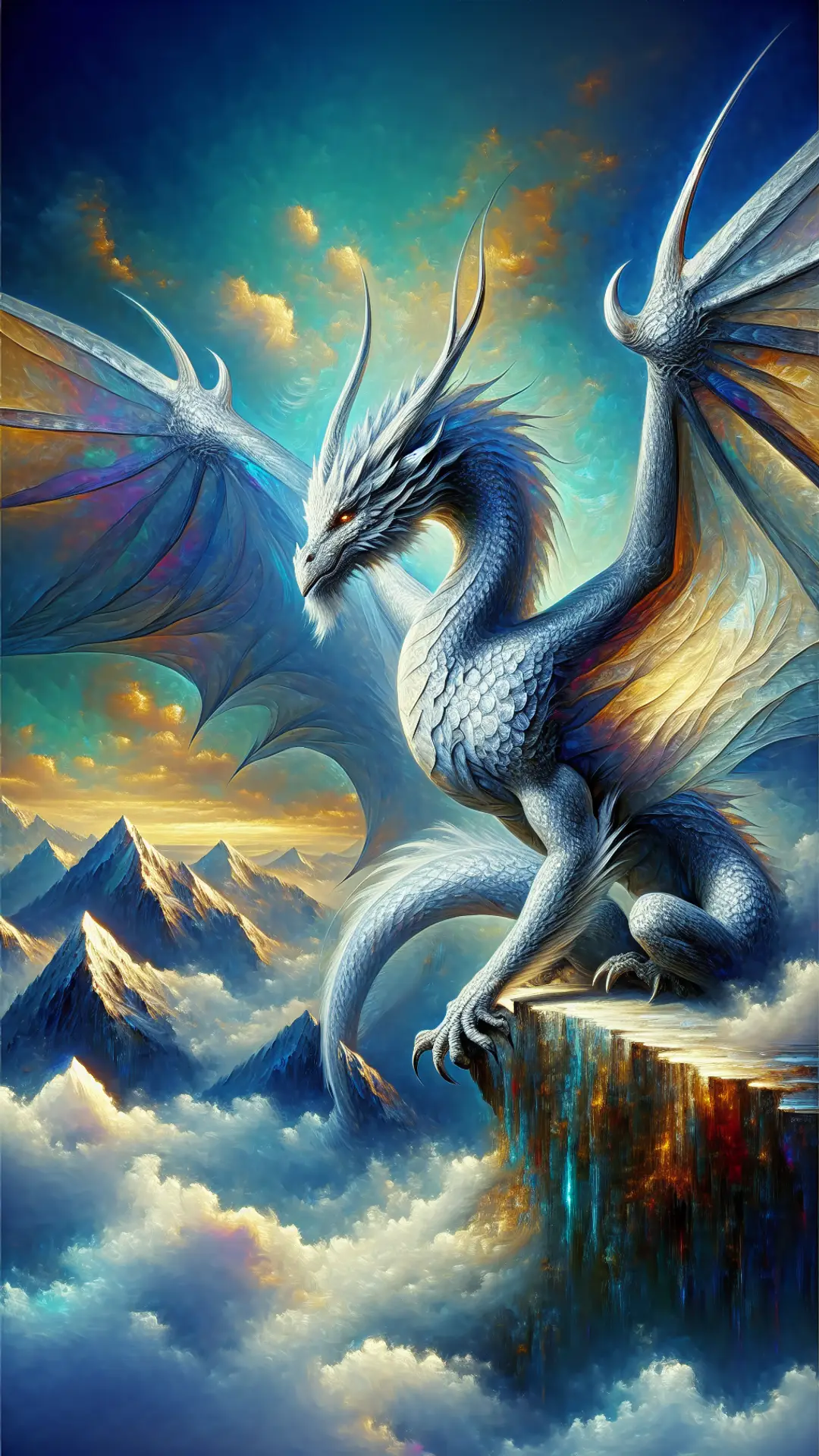 Painted silver dragon perched on a mountain peak under a cold sky