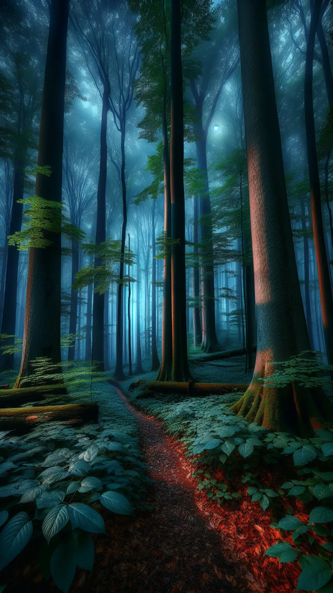 Painted forest at night with tall trees and blue moonlit mist