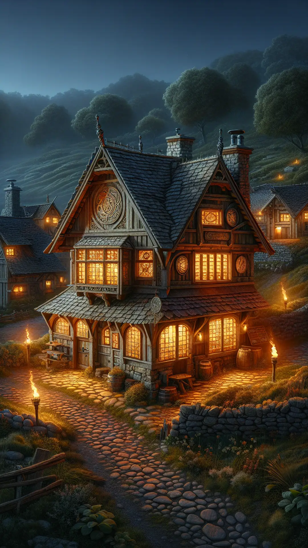 Painted roadside fantasy tavern at night with warm windows glowing against dark trees